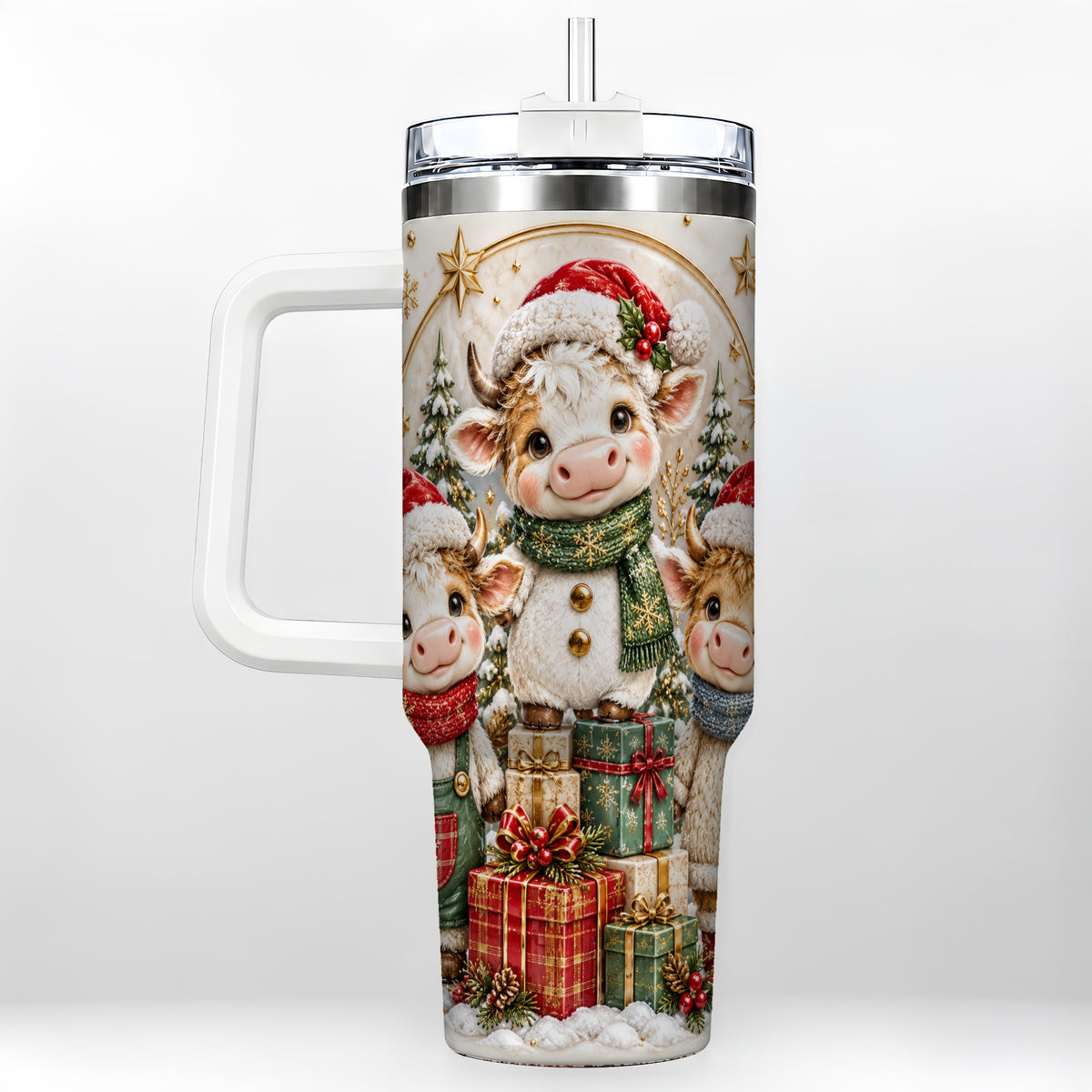 Cute Christmas Cow 40oz Tumbler with Handle, Festive Travel Cup