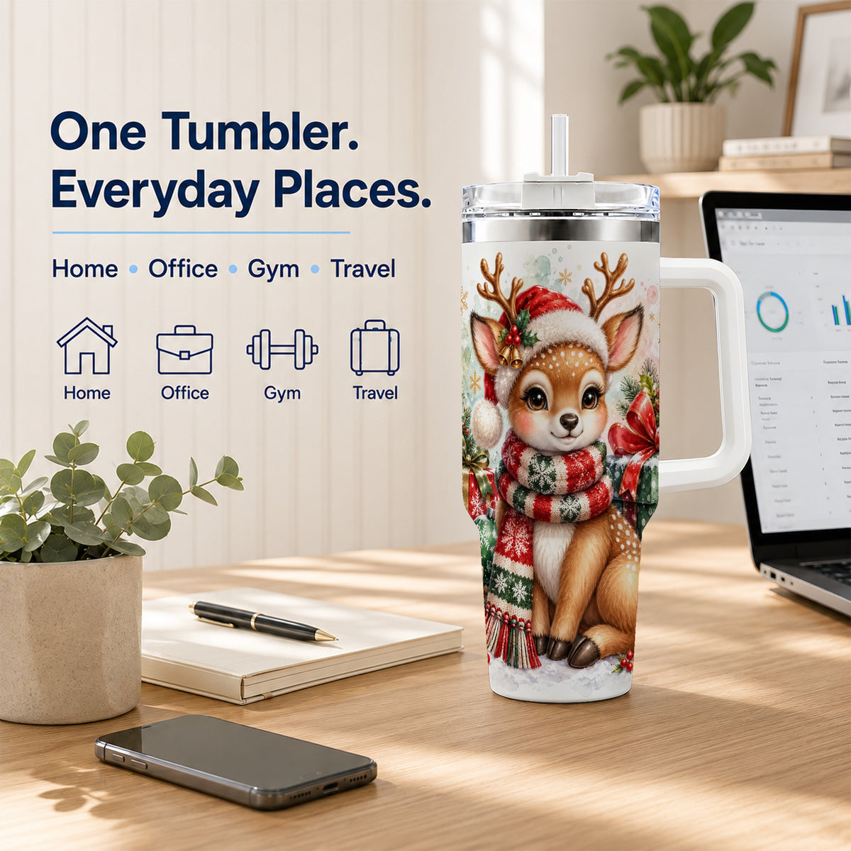 Watercolor Reindeer 40oz Tumbler, Holiday Deer Stainless Steel Travel Cup