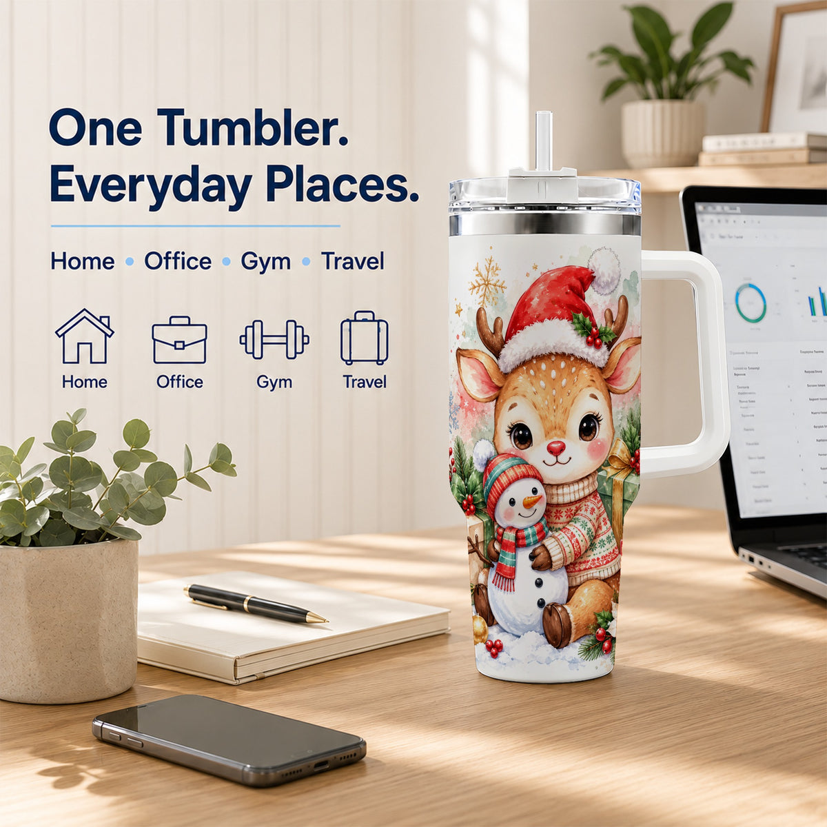 Watercolor Reindeer 40oz Tumbler with Handle, Snowman Travel Cup
