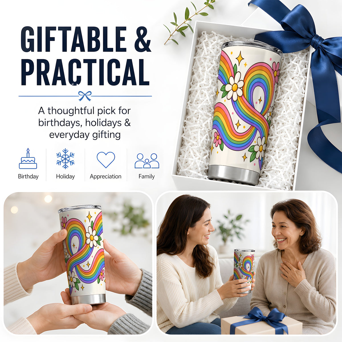 Rainbow Floral 20oz Tumbler with Daisies and Colorful Waves