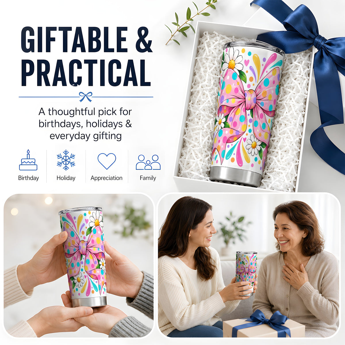 Daisy Polka Dot Bow 20oz Tumbler with Colorful Floral Artwork