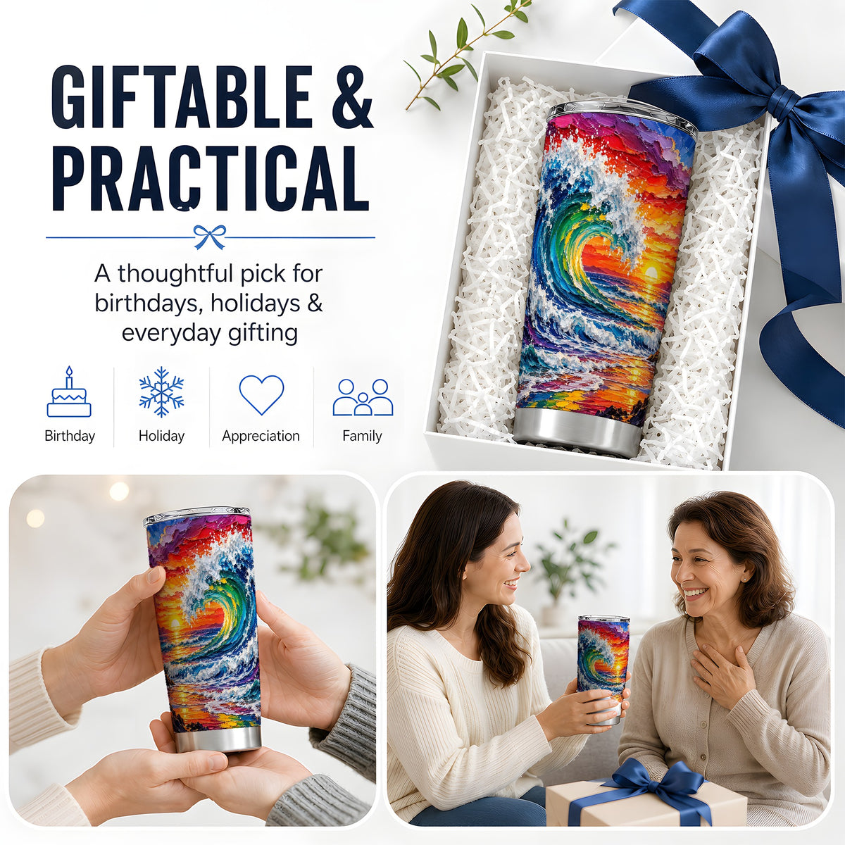 Ocean Wave Sunset 20oz Tumbler, Vivid Curling Wave Coastal Artwork