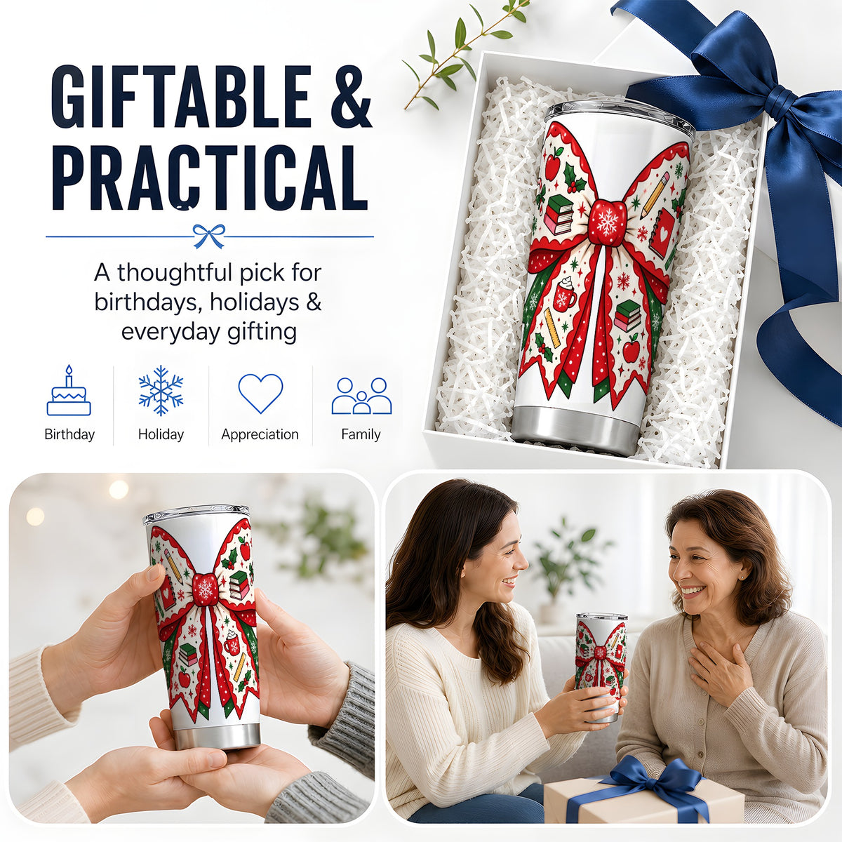 Festive Teacher Christmas Bow 20oz Tumbler, School Holiday Icons Artwork