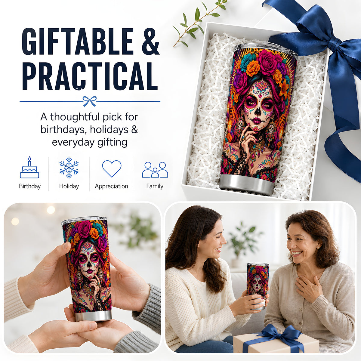 Floral Sugar Skull Woman 20oz Tumbler, Colorful Day of the Dead Art