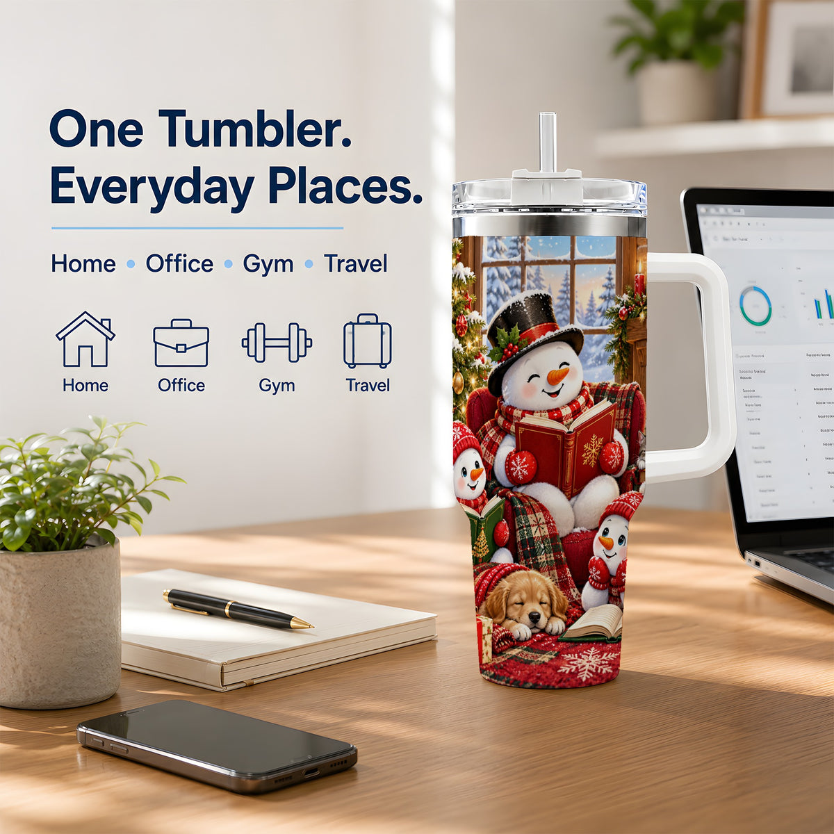 Christmas Snowman Reading 40oz Tumbler with Cozy Holiday Artwork
