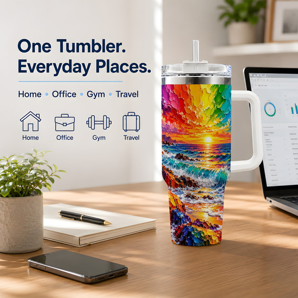 Rainbow Ocean Sunset 40oz Tumbler, Vibrant Wave Horizon Coastal Art