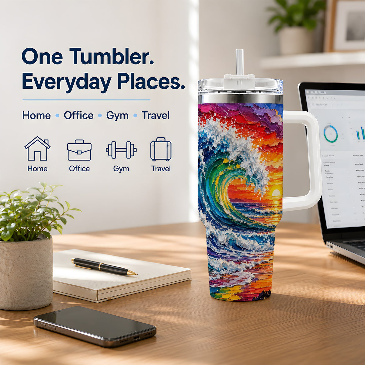 Ocean Wave Sunset 40oz Tumbler, Colorful Surf Horizon Coastal Art