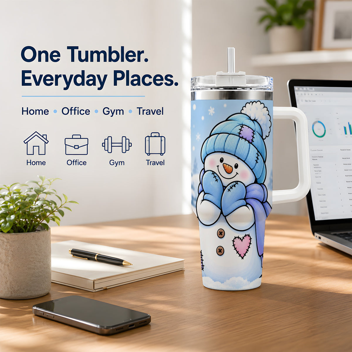 Cute Winter Snowman 40oz Tumbler, Blue Hat Scarf and Heart Artwork