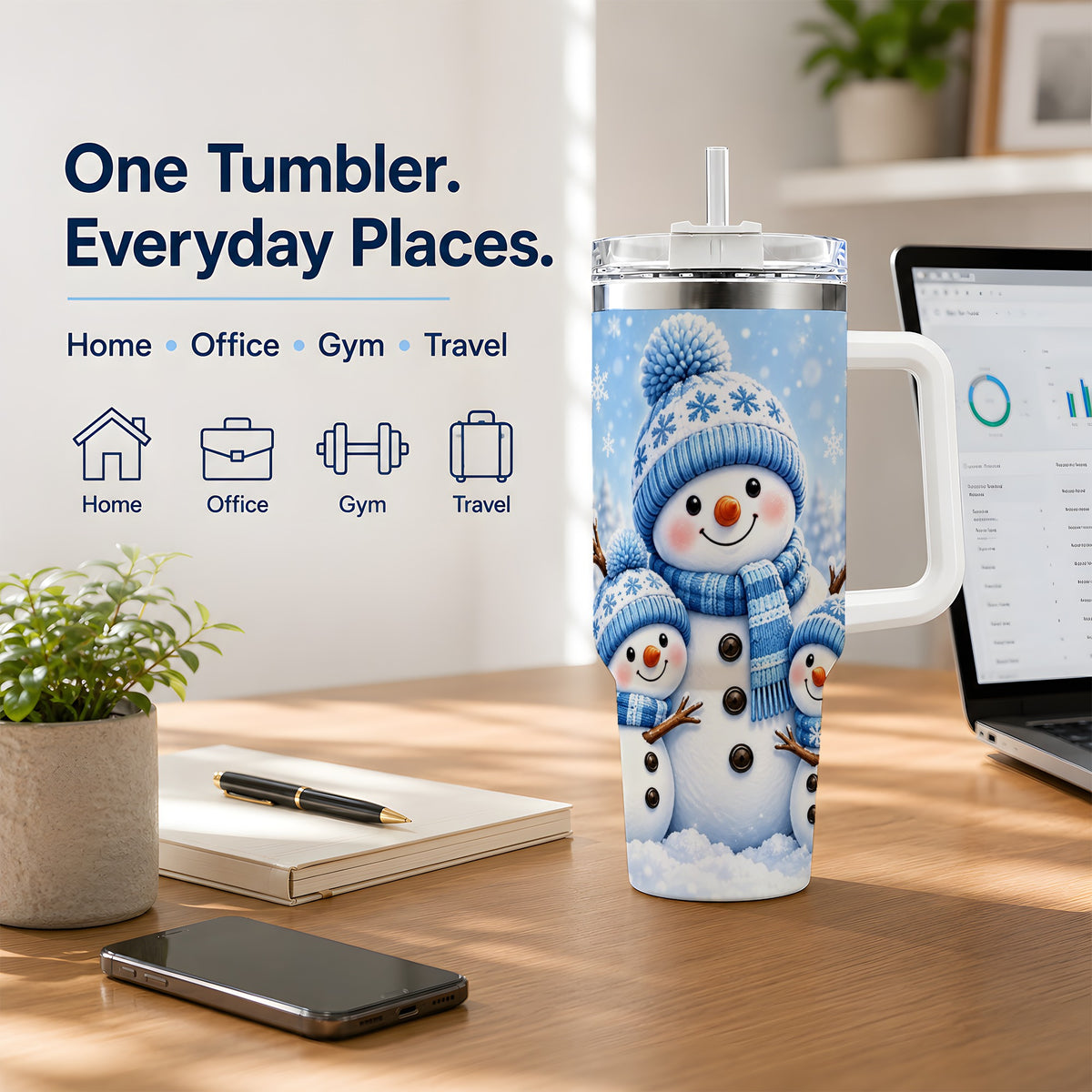 Festive Snowman Family 40oz Tumbler, Blue Winter Snowflake Scene Artwork