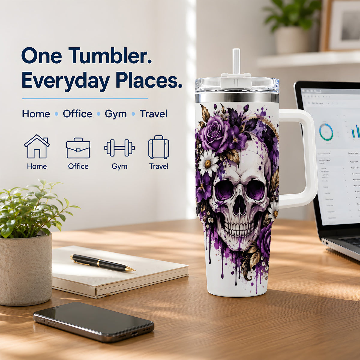 Purple Floral Skull 40oz Tumbler, Stainless Steel Gothic Rose Artwork