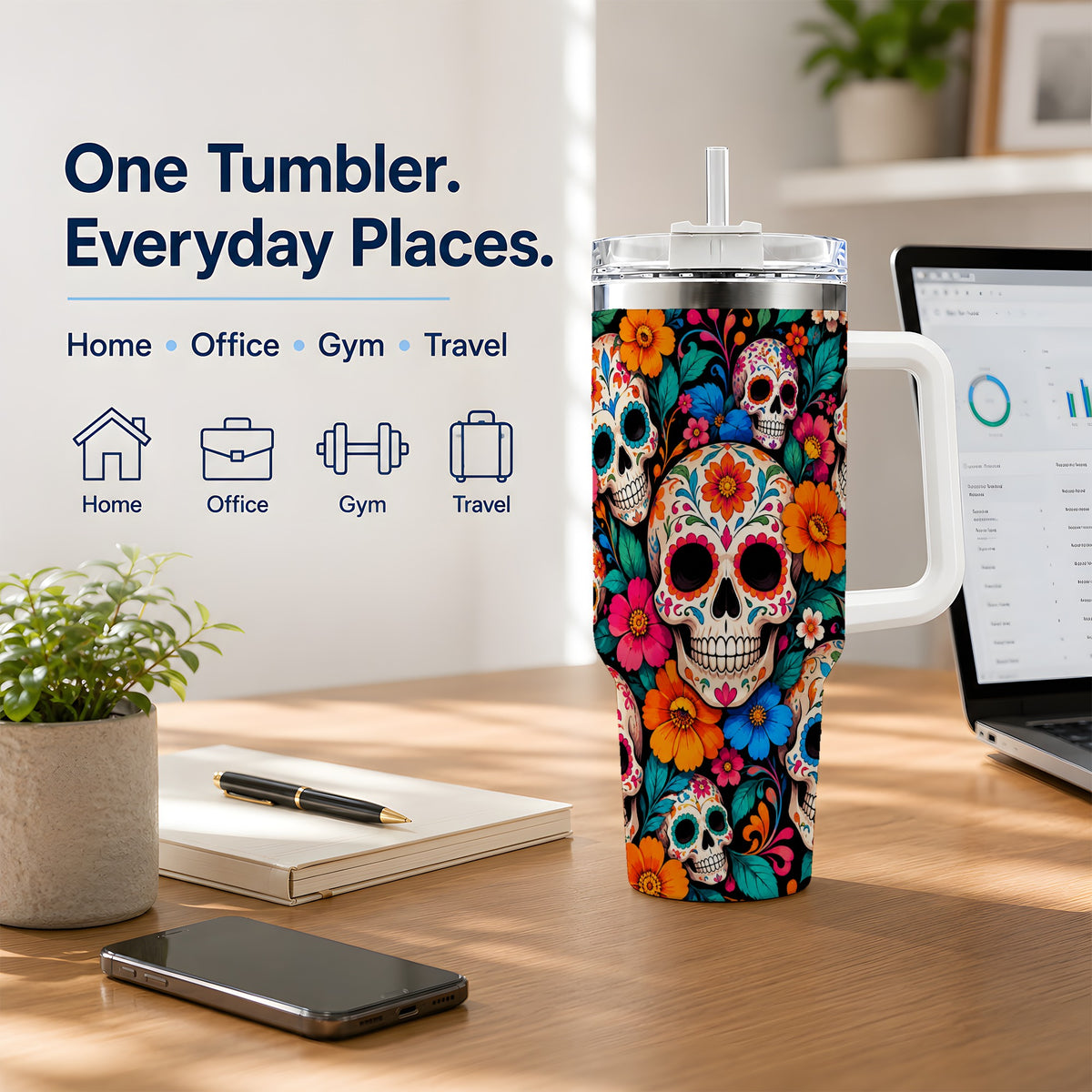 Colorful Sugar Skull 40oz Tumbler, Floral Day of the Dead Artwork