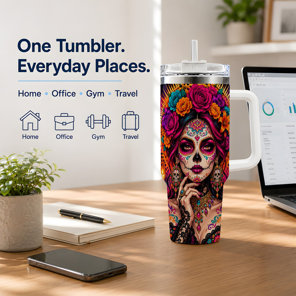 Floral Sugar Skull Woman 40oz Tumbler, Colorful Day of the Dead Art