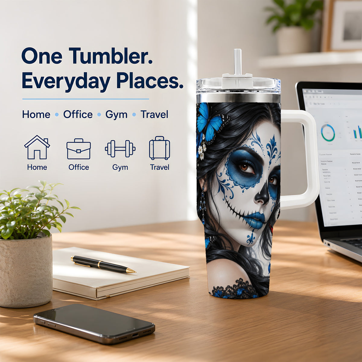 Blue Sugar Skull Butterfly 40oz Tumbler, Stainless Steel for Daily Use