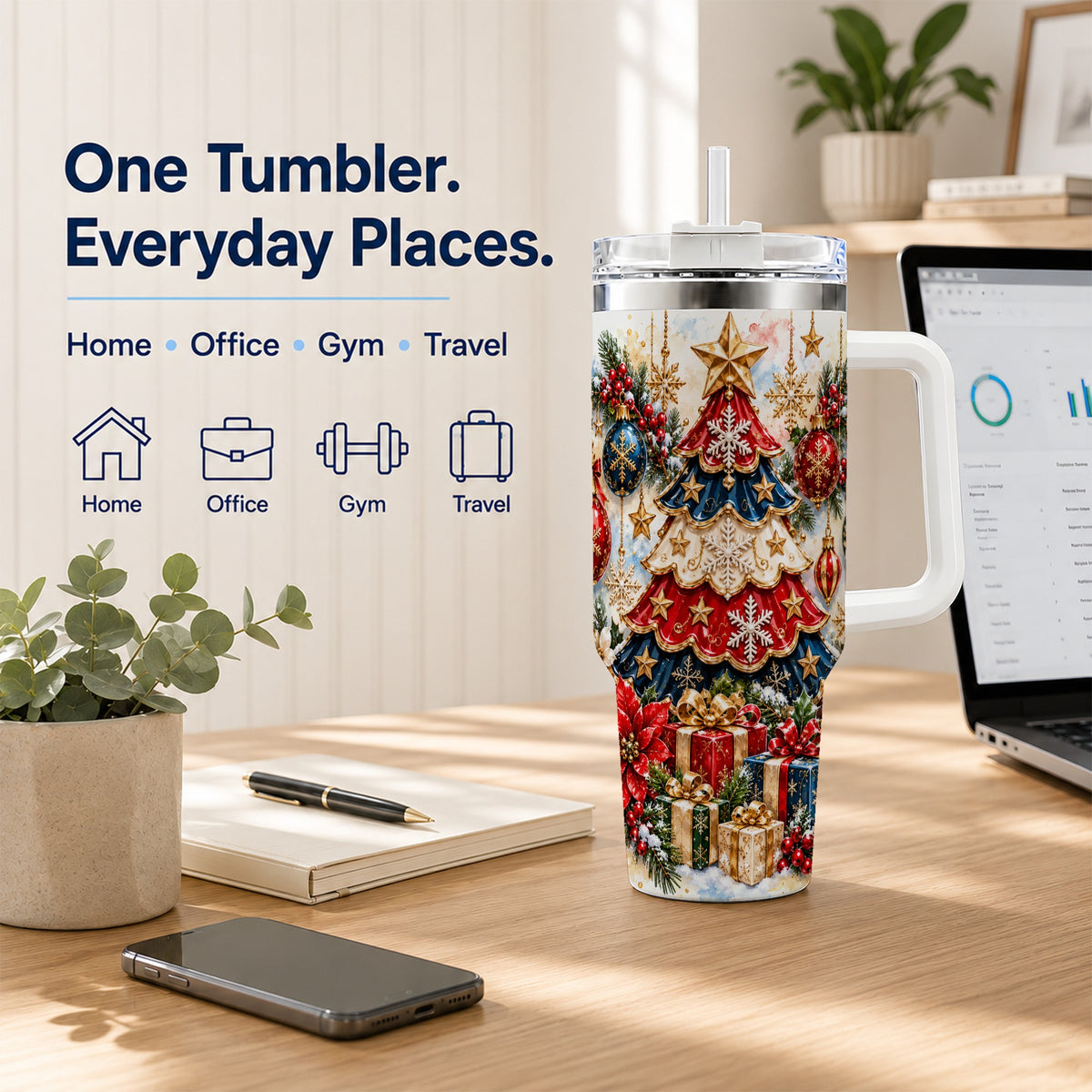 Watercolor Holiday Tree 40oz Tumbler, Ornament Stainless Steel Travel Cup