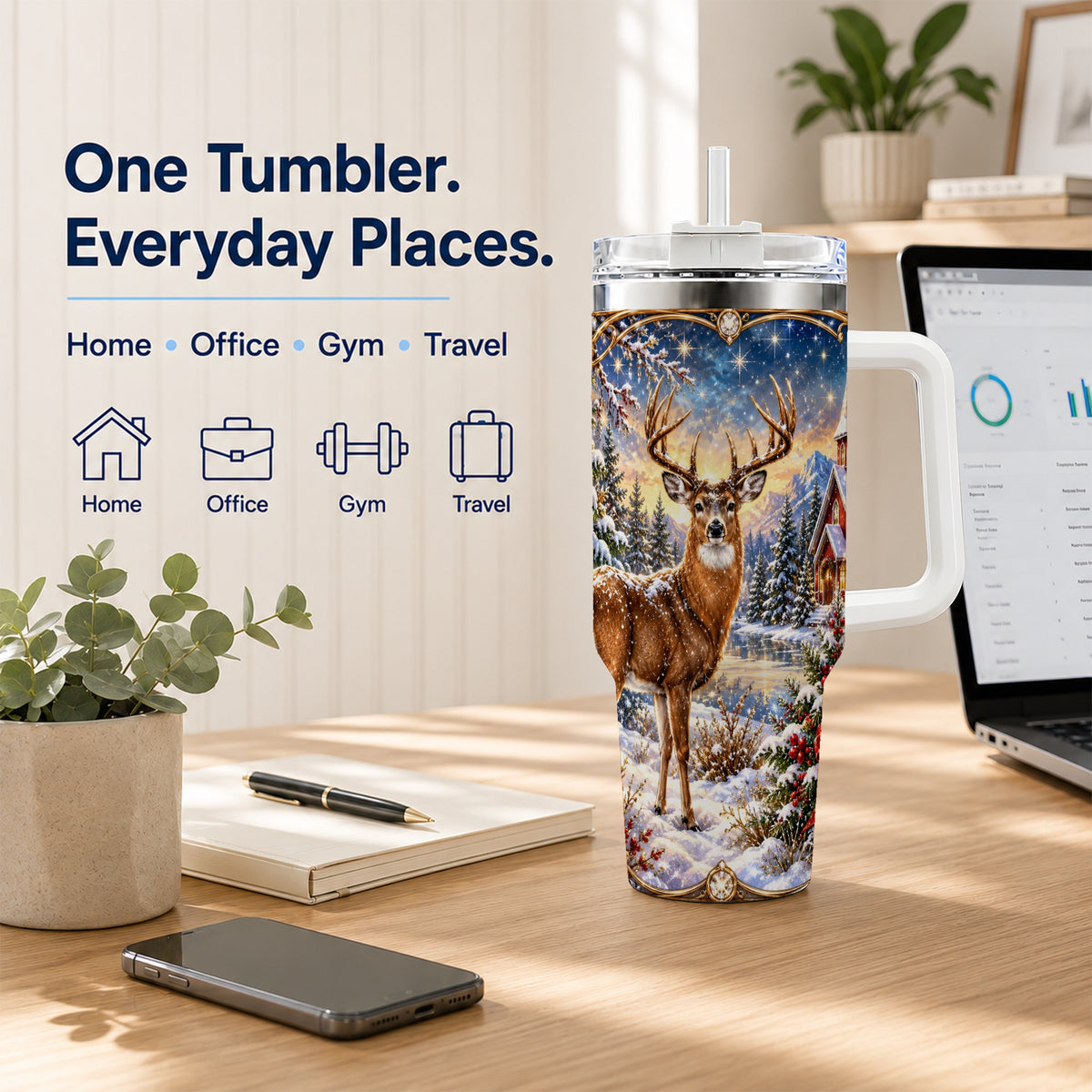 Christmas Deer Church 40oz Tumbler with Handle, Winter Travel Cup