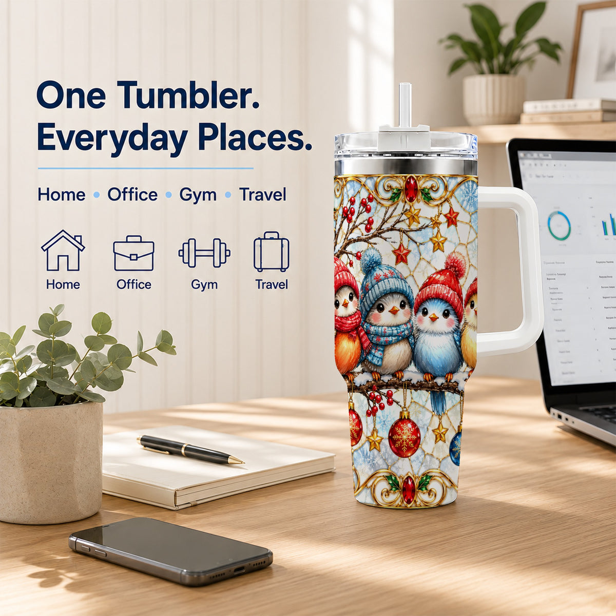 Christmas Bird 40oz Tumbler with Handle, Winter Songbird Travel Cup