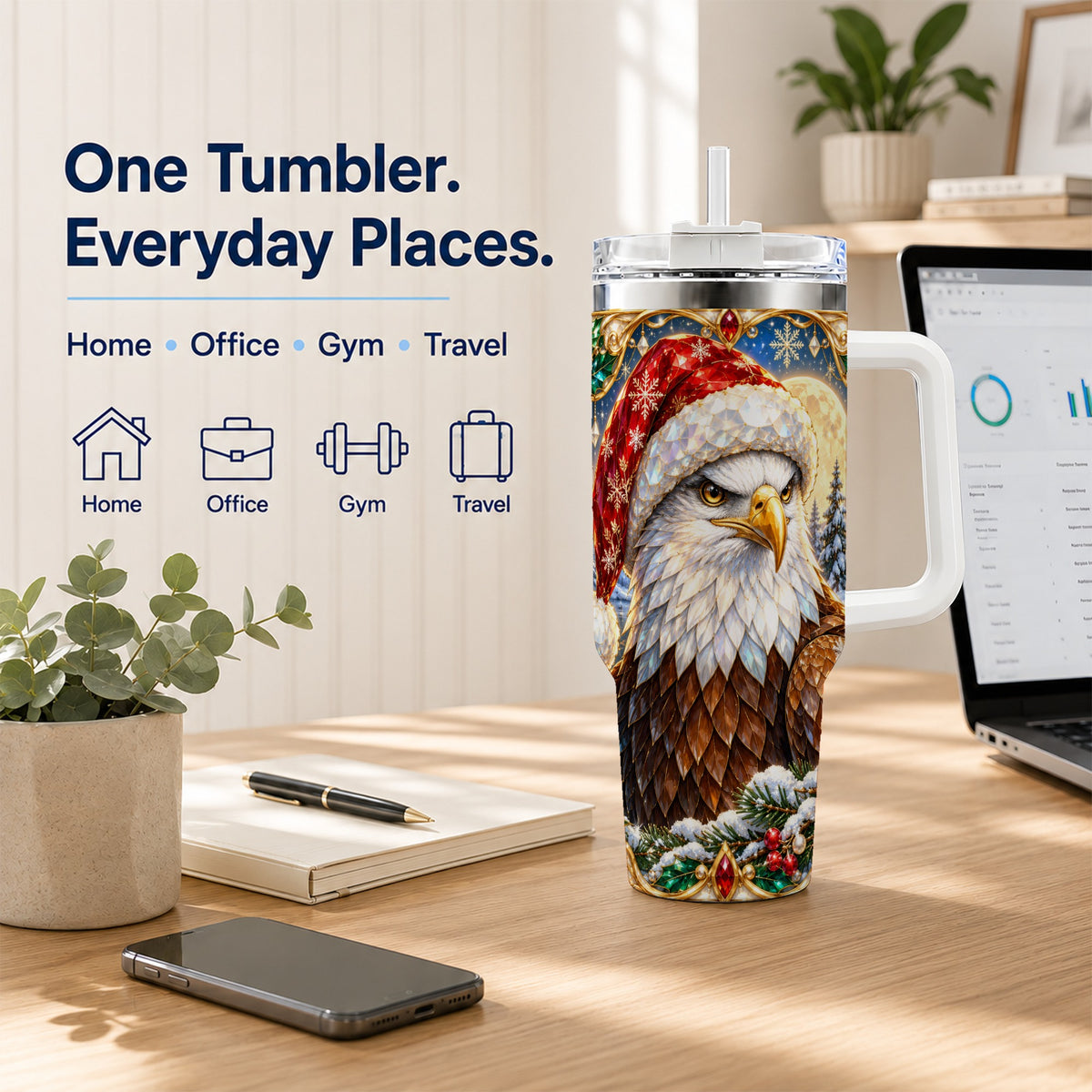 Christmas Bald Eagle 40oz Tumbler with Handle, Winter Travel Cup