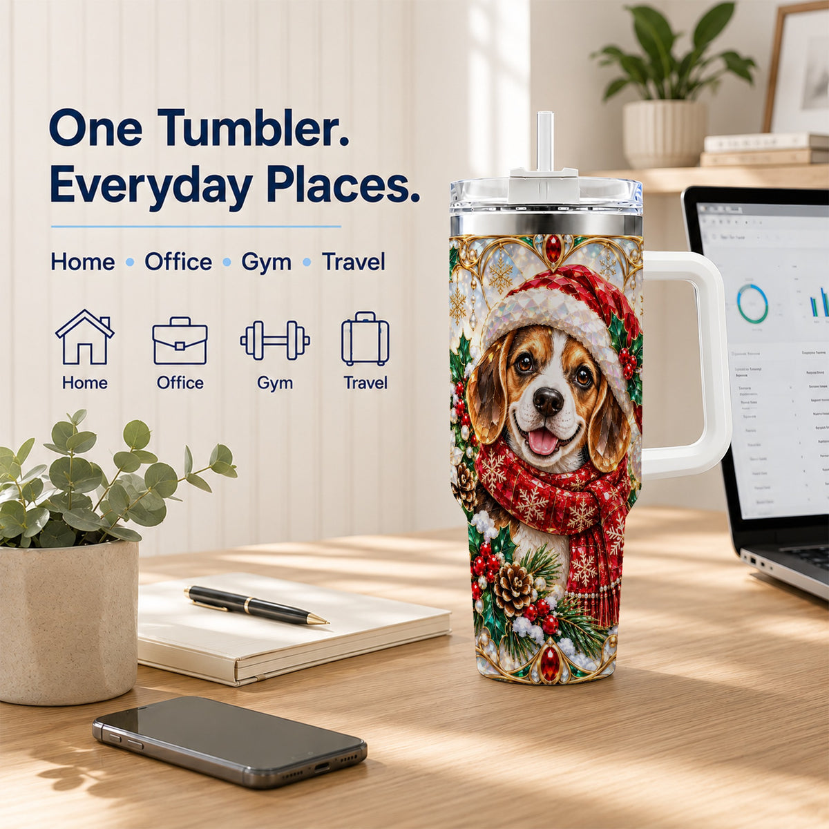 Jeweled Beagle 40oz Tumbler with Handle, Christmas Stainless Steel Cup