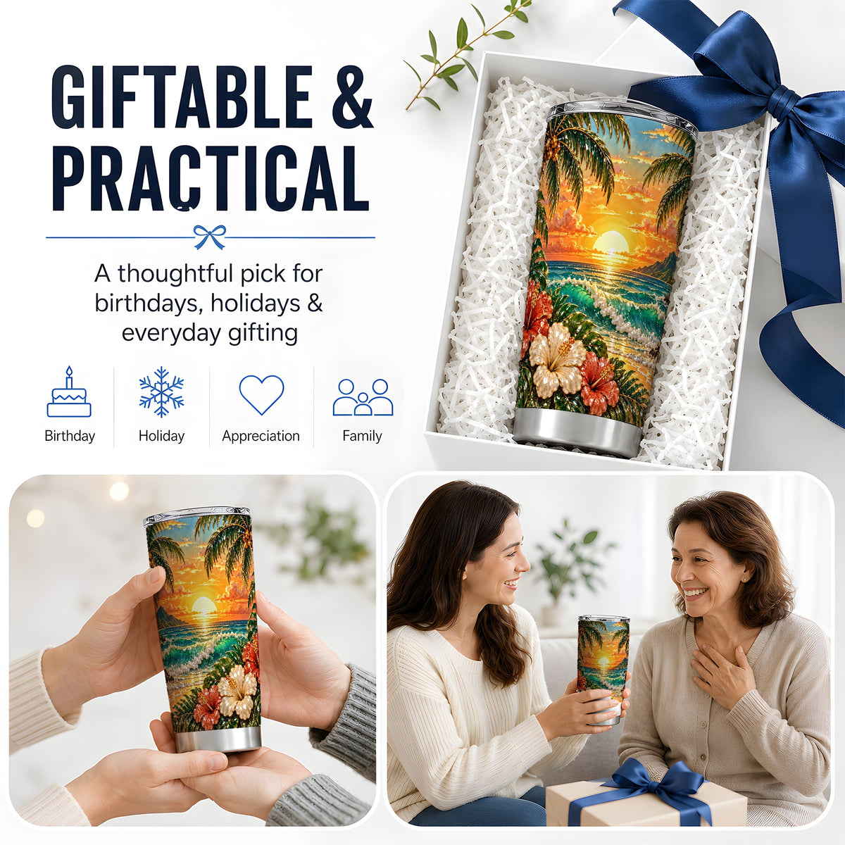 Tropical Sunset 20oz Tumbler with Hibiscus Beach and Palm Artwork