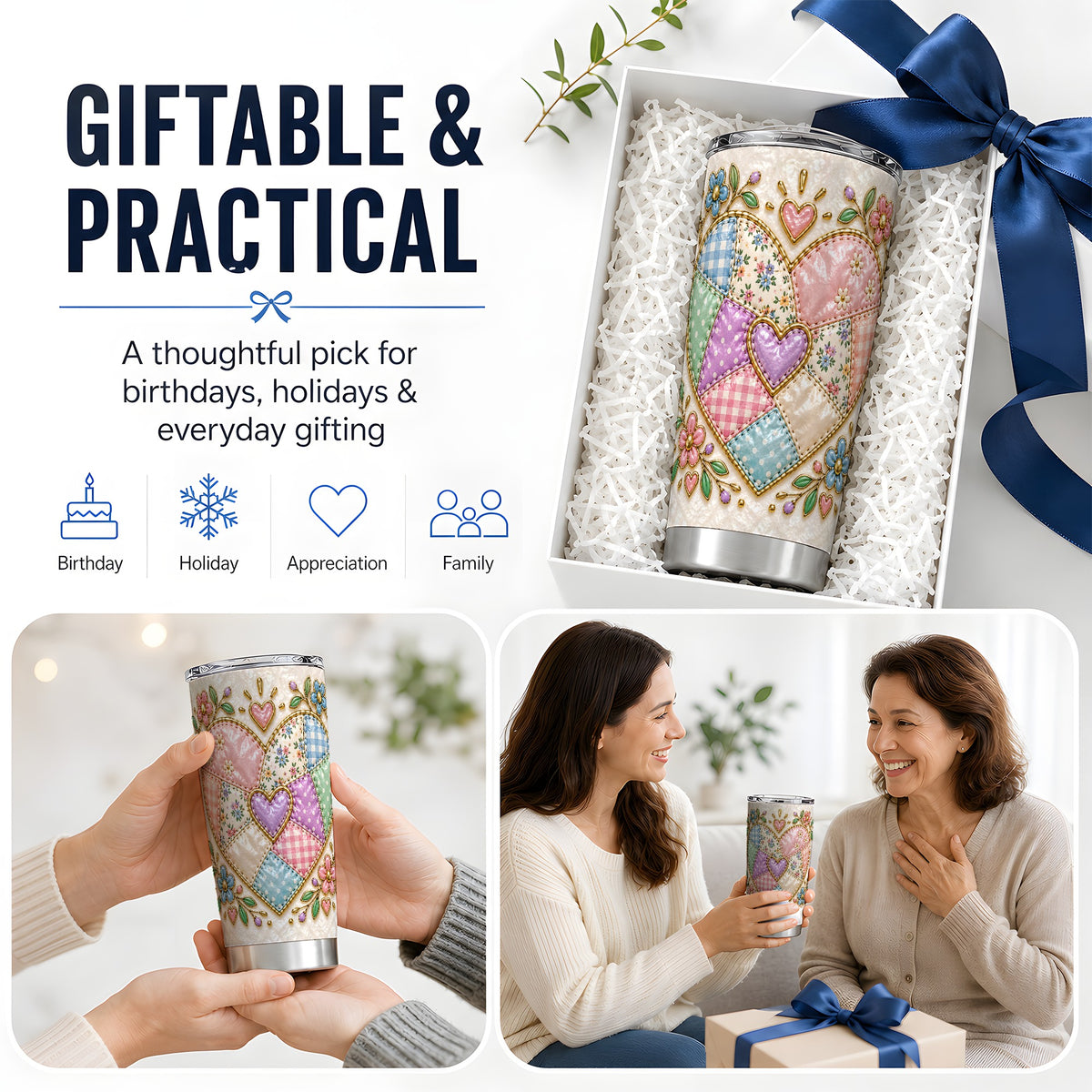 Patchwork Heart 20oz Tumbler with Gingham, Flowers and Quilt Artwork