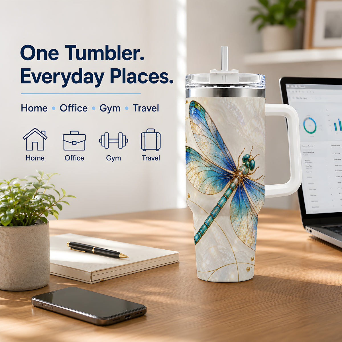 Blue Dragonfly 40oz Tumbler with Jewel-Inspired Botanical Artwork