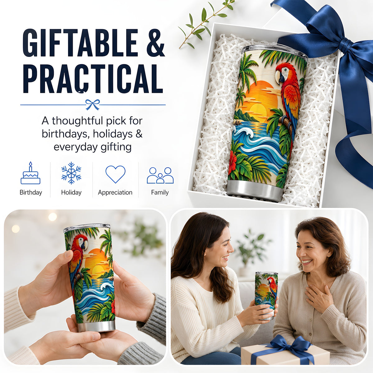 Tropical Macaw Tumbler, 20oz Sunset Ocean Drinkware for Bird Lovers