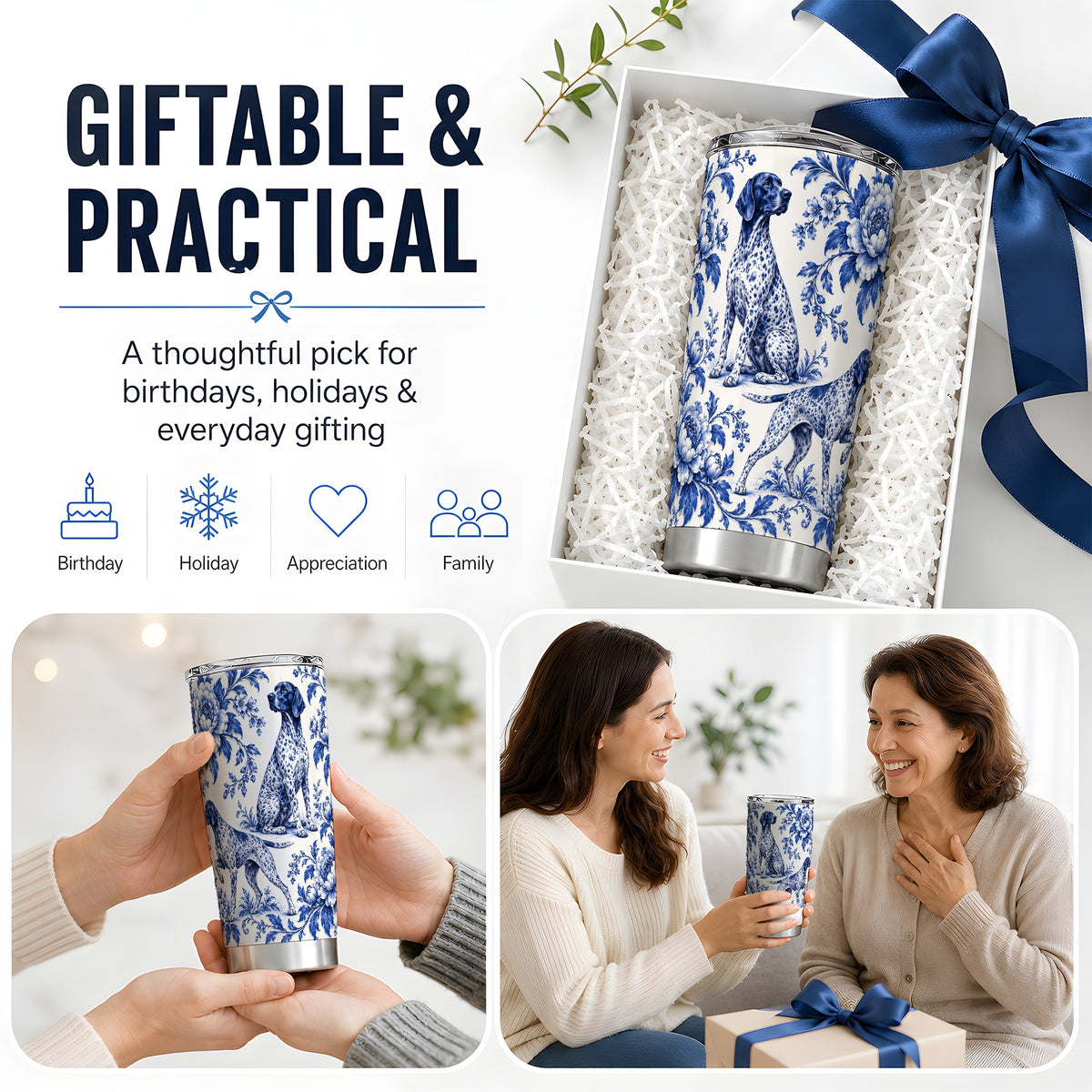Blue Floral Pointer Dog 20oz Tumbler for Dog Lovers