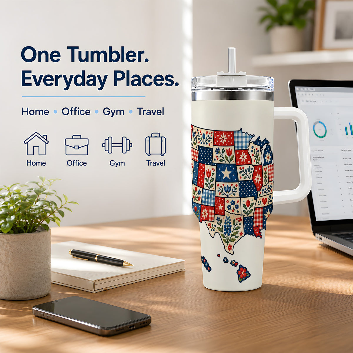 Patriotic USA Map 40oz Tumbler with Floral Patchwork Artwork