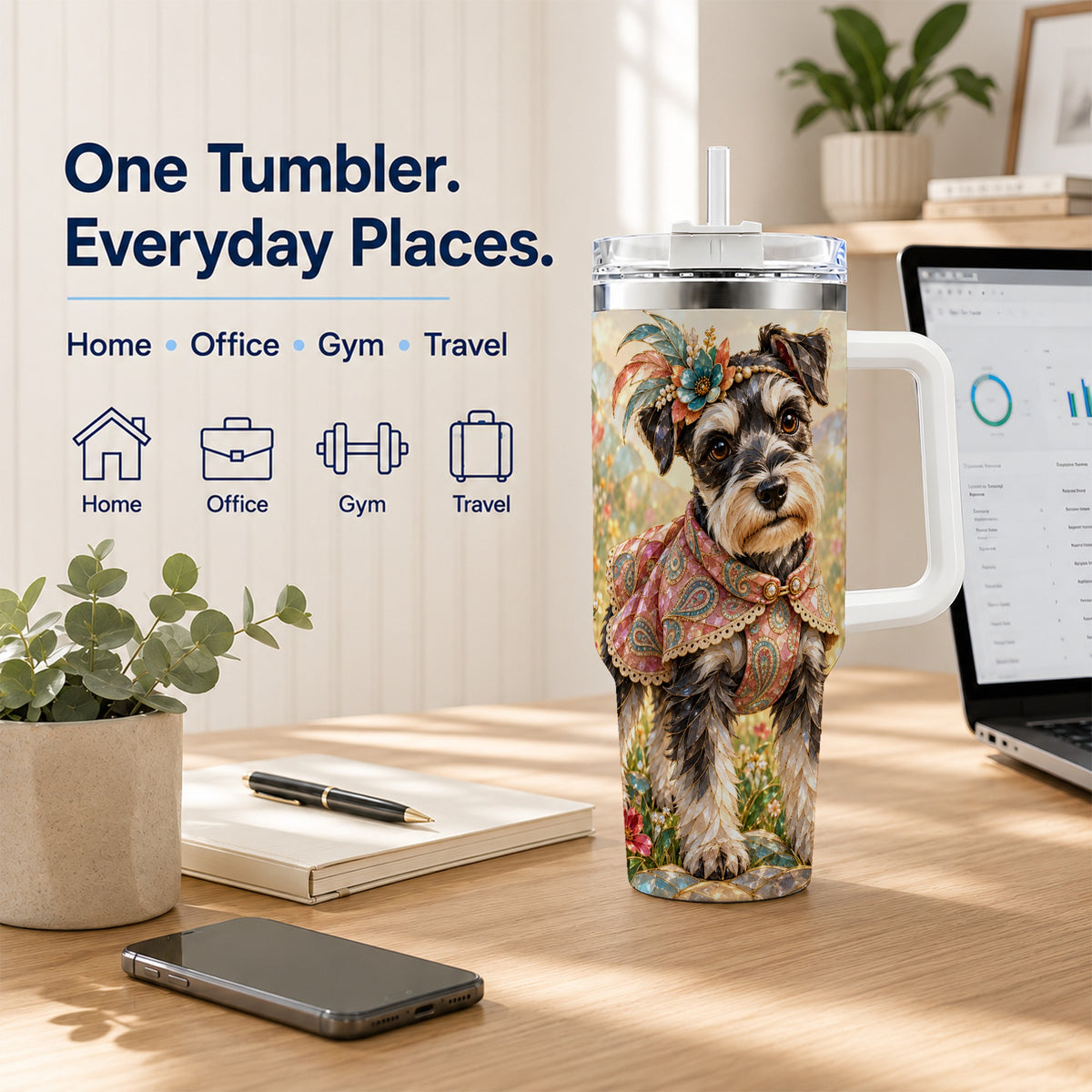 Floral Schnauzer 40oz Tumbler with Handle, Boho Dog Mosaic Art