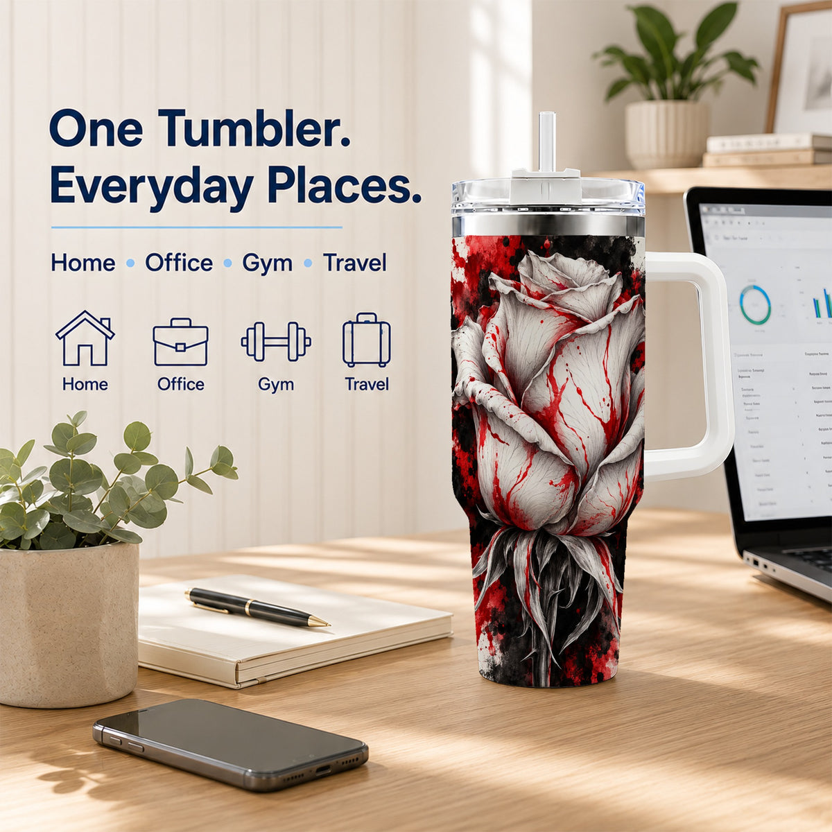 White Rose 40oz Tumbler with Handle, Abstract Floral Travel Cup
