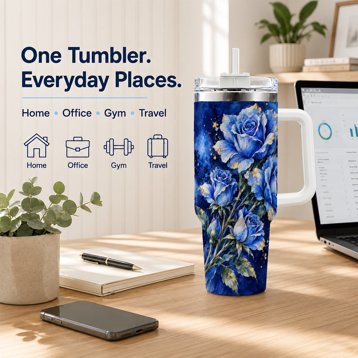 Blue Rose 40oz Tumbler with Handle, Watercolor Botanical Travel Cup