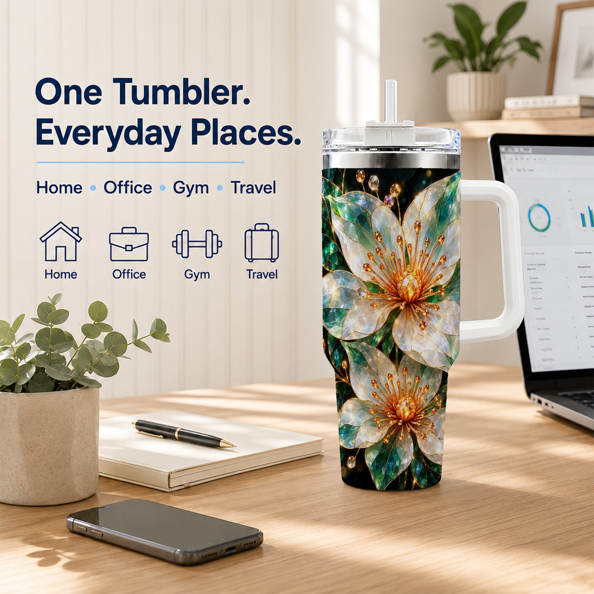 Crystal Flower 40oz Tumbler with Handle, Emerald Botanical Design