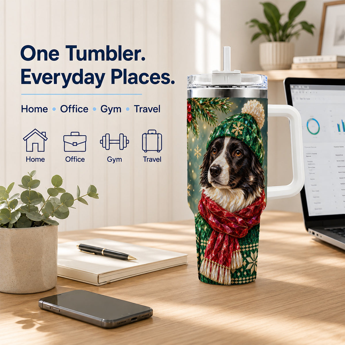 Christmas Border Collie 40oz Tumbler with Handle, Winter Dog Drinkware