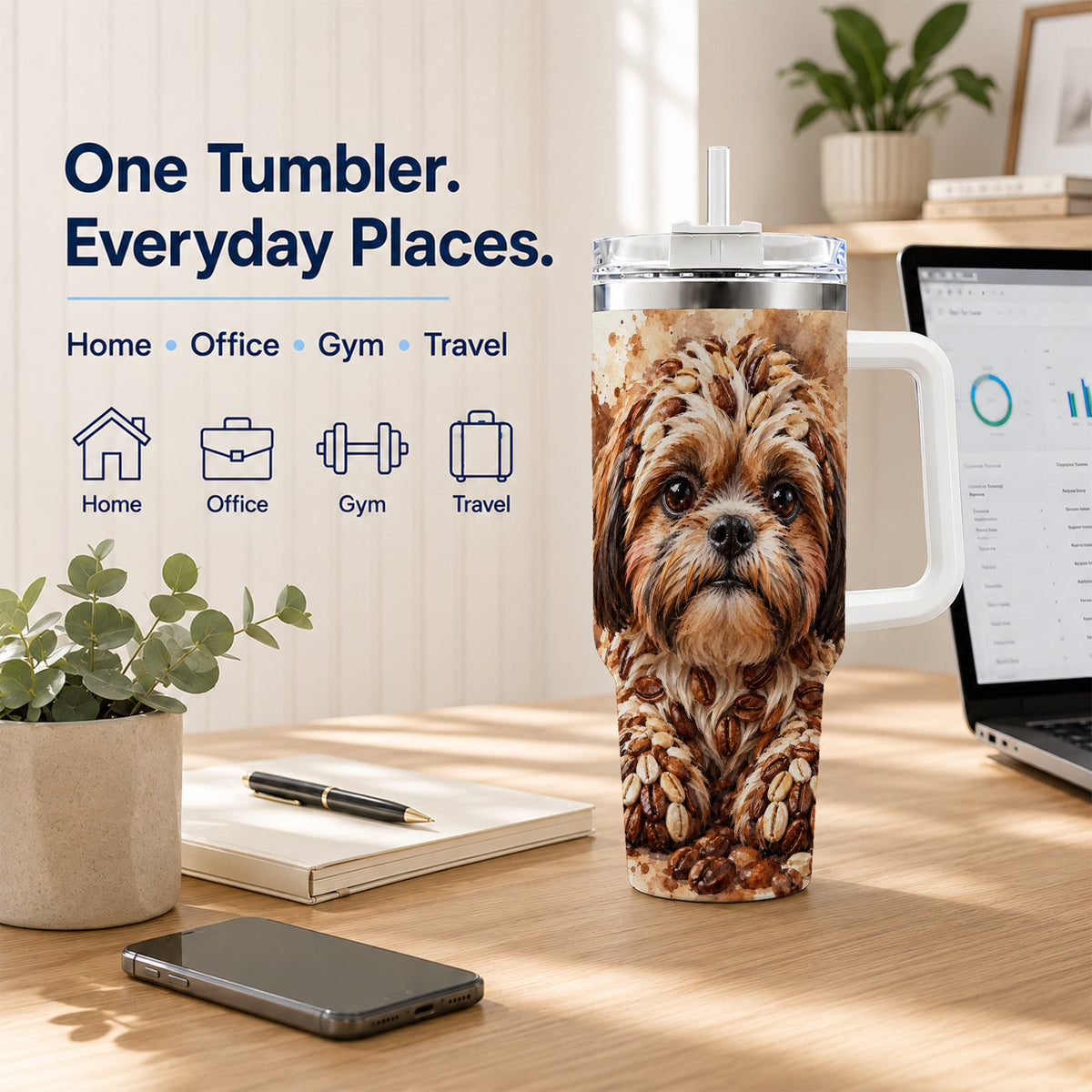 Shih Tzu 40oz Tumbler with Handle, Coffee Bean Puppy Artwork