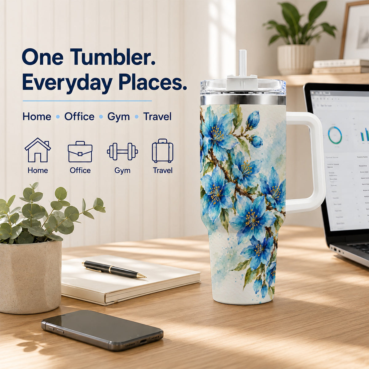 Blue Floral 40oz Tumbler with Handle, Watercolor Botanical Travel Cup