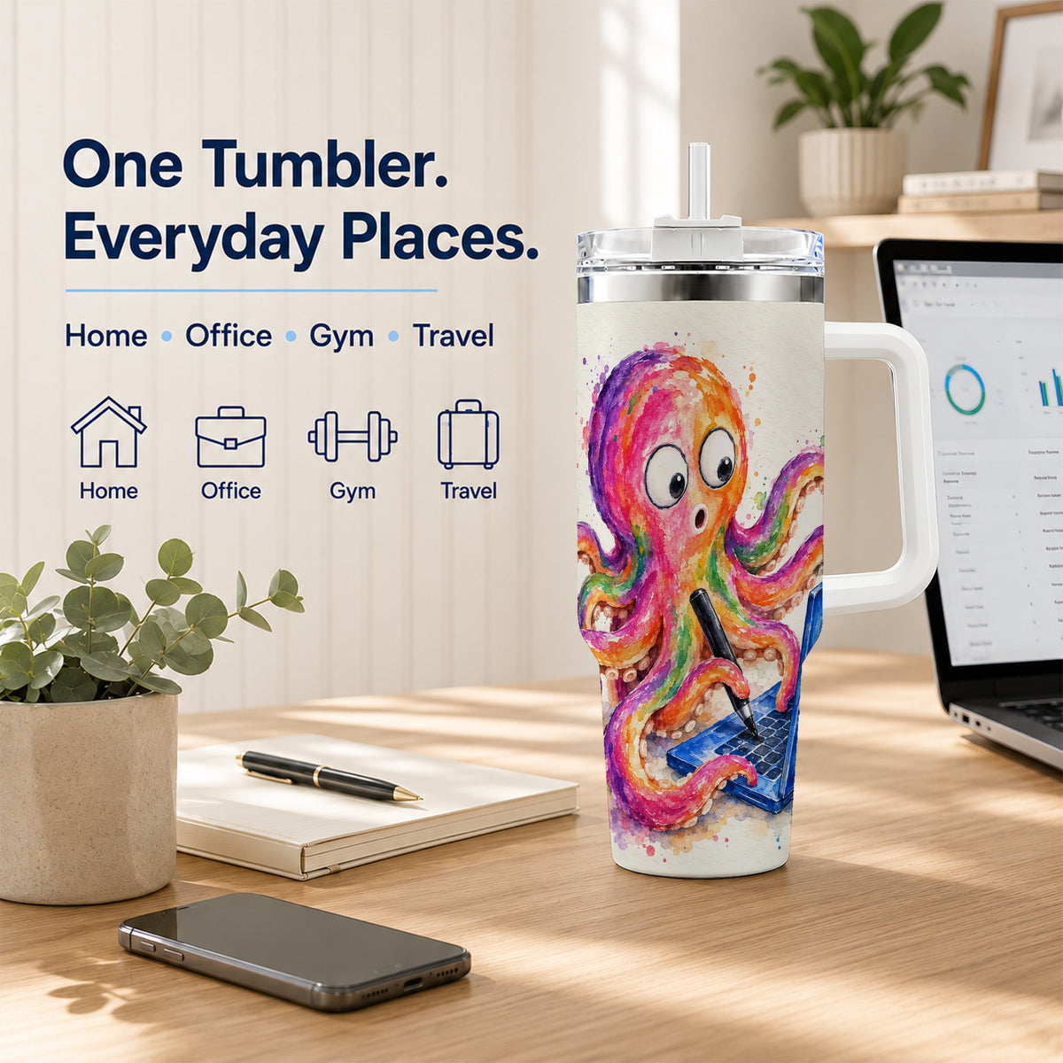 Rainbow Octopus 40oz Tumbler with Handle, Colorful Ocean Creature Art