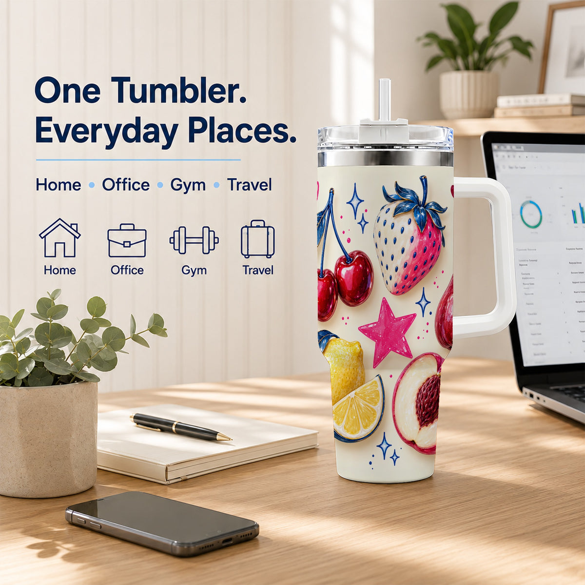 Colorful Fruit 40oz Tumbler with Handle, Whimsical Cherry Berry Art