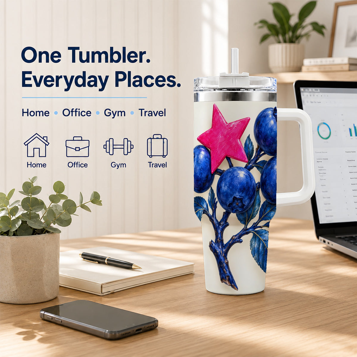 Blueberry Branch 40oz Tumbler with Handle, Pink Star Botanical Design