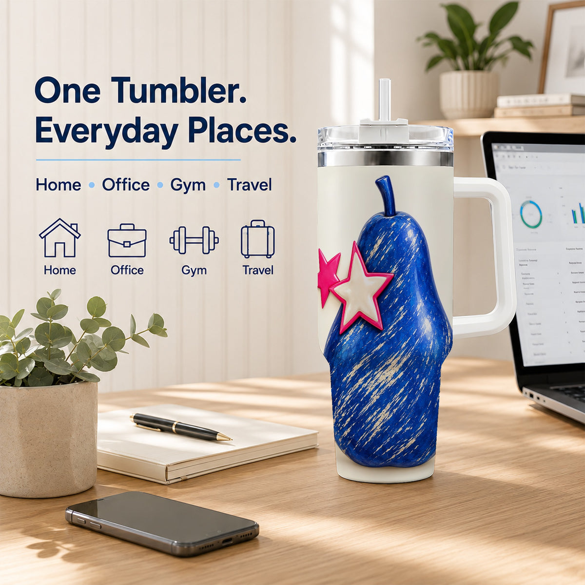 Blue Pear 40oz Tumbler with Handle, Pink Star Abstract Fruit Design