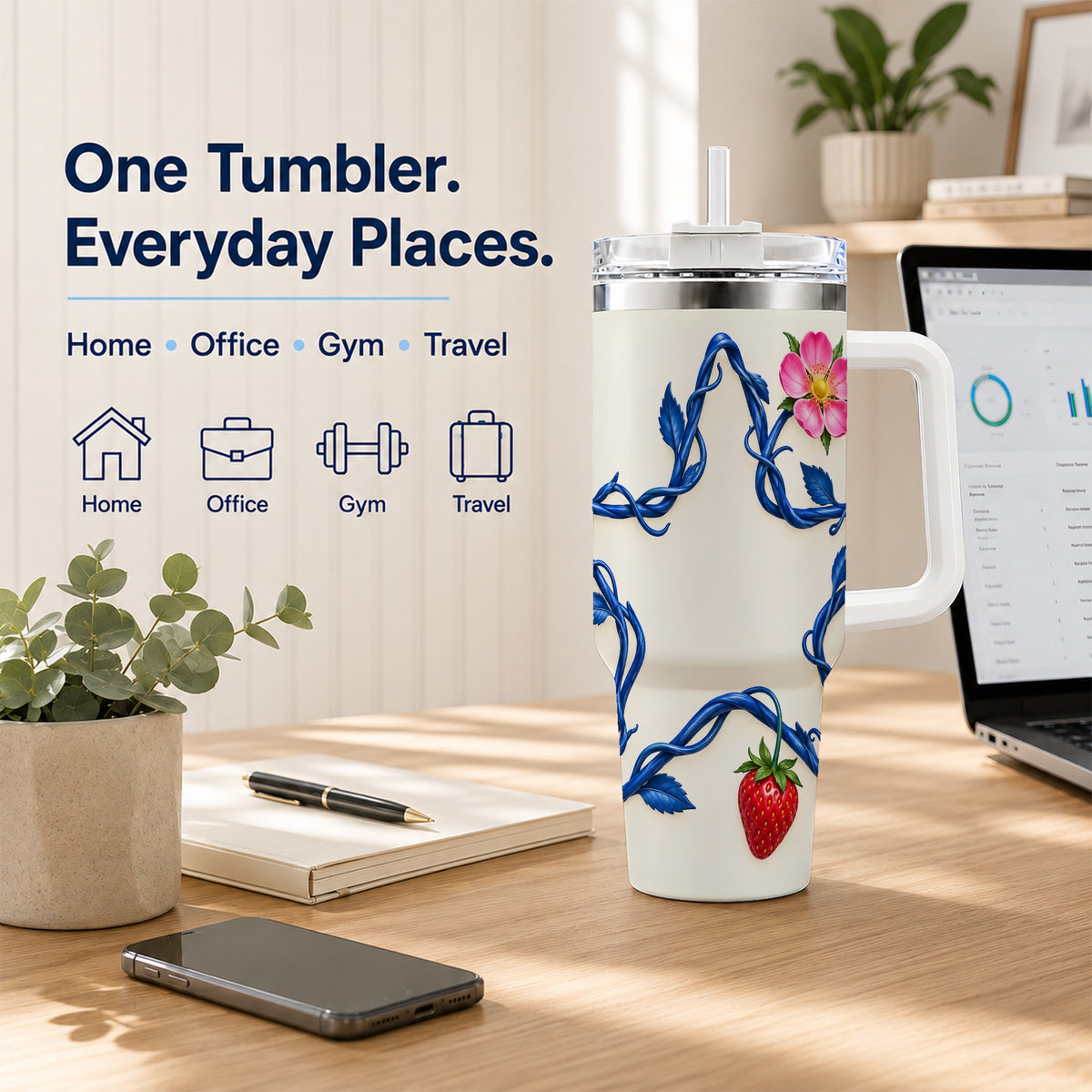 Blue Botanical Star 40oz Tumbler with Handle, Strawberry Flower Art