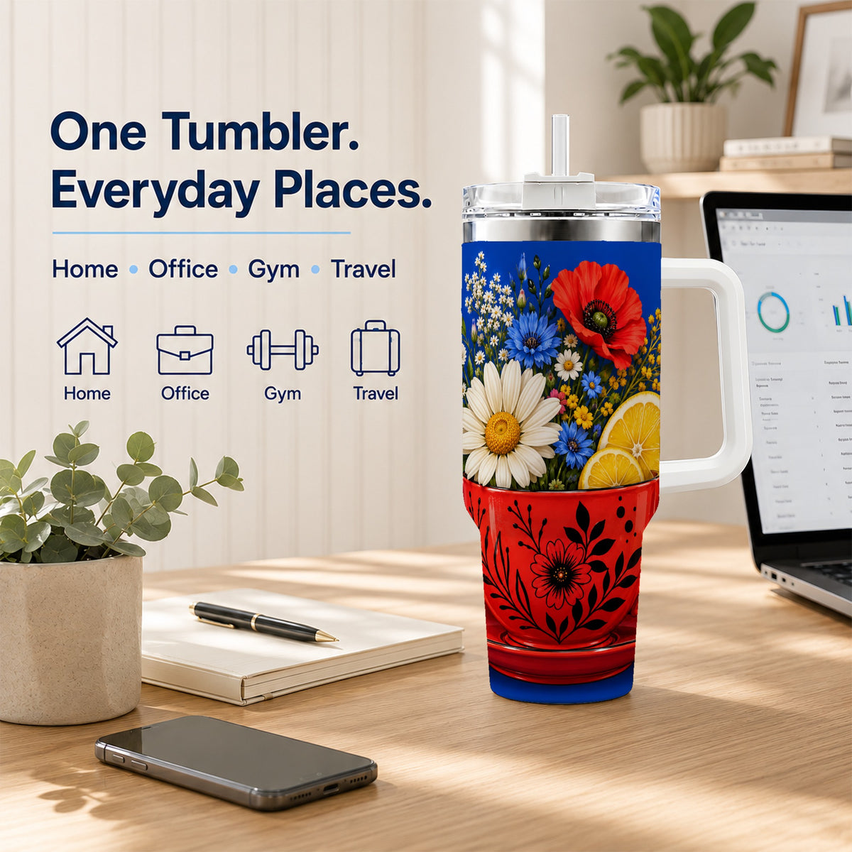 Lemon Floral 40oz Tumbler with Handle, Daisy Bouquet Art