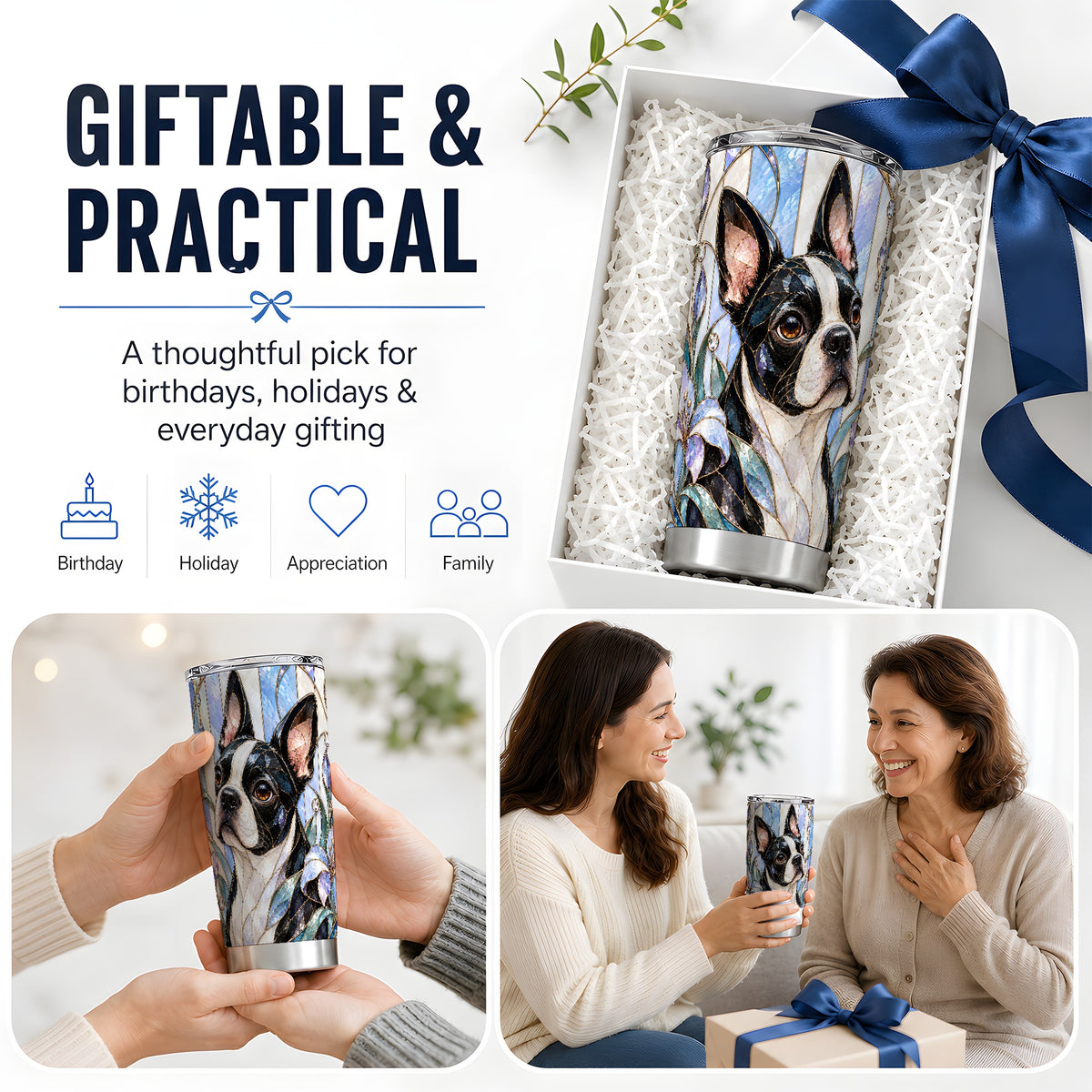 Boston Terrier Floral 20oz Tumbler, Stained Glass Style Artwork