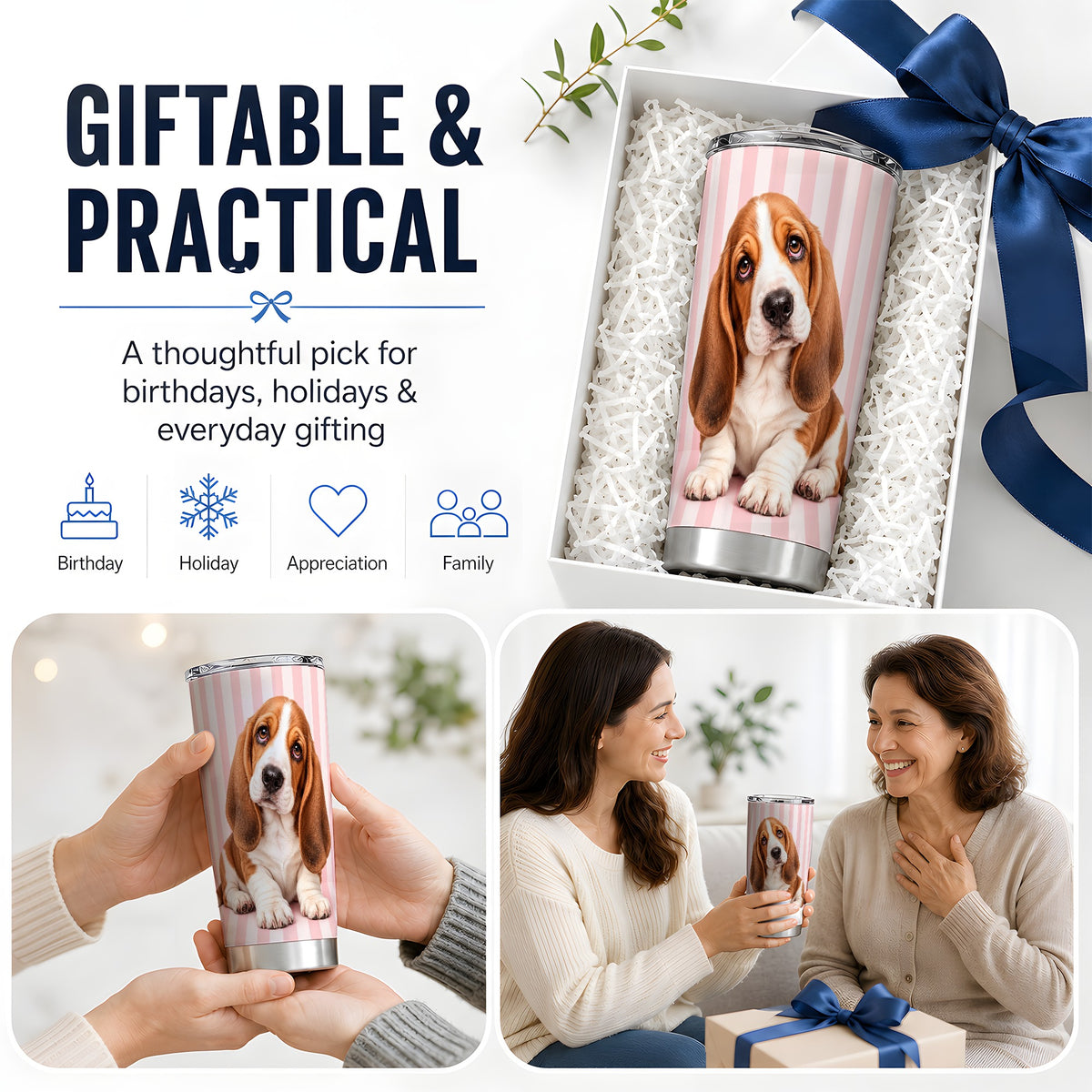 Basset Hound Pink Stripe 20oz Tumbler, Puppy Portrait Design