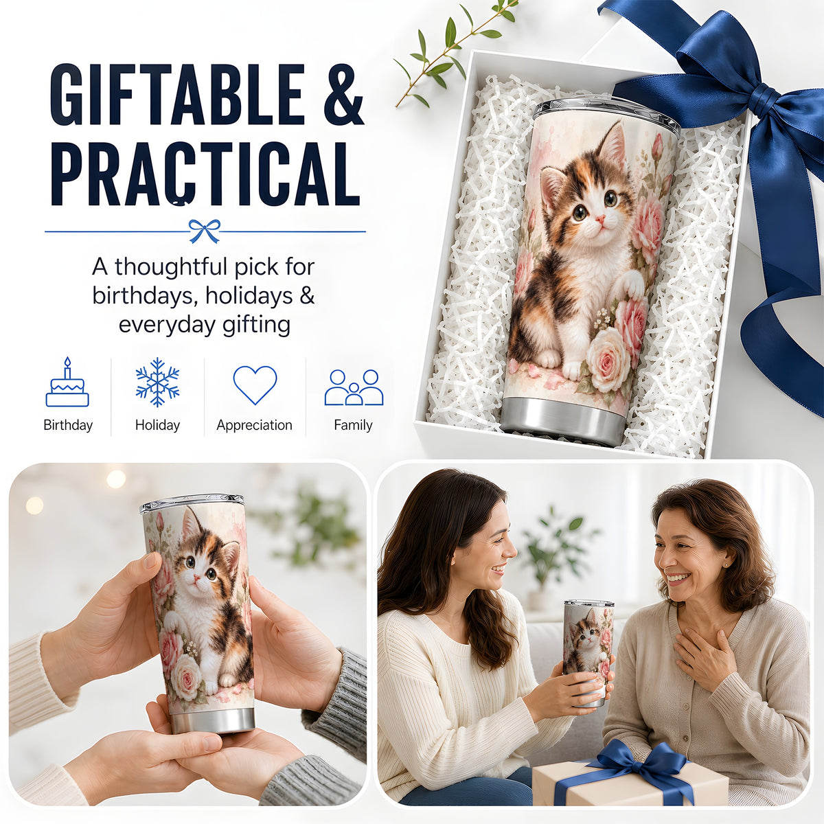 Calico Kitten Roses 20oz Tumbler for Cat Lovers