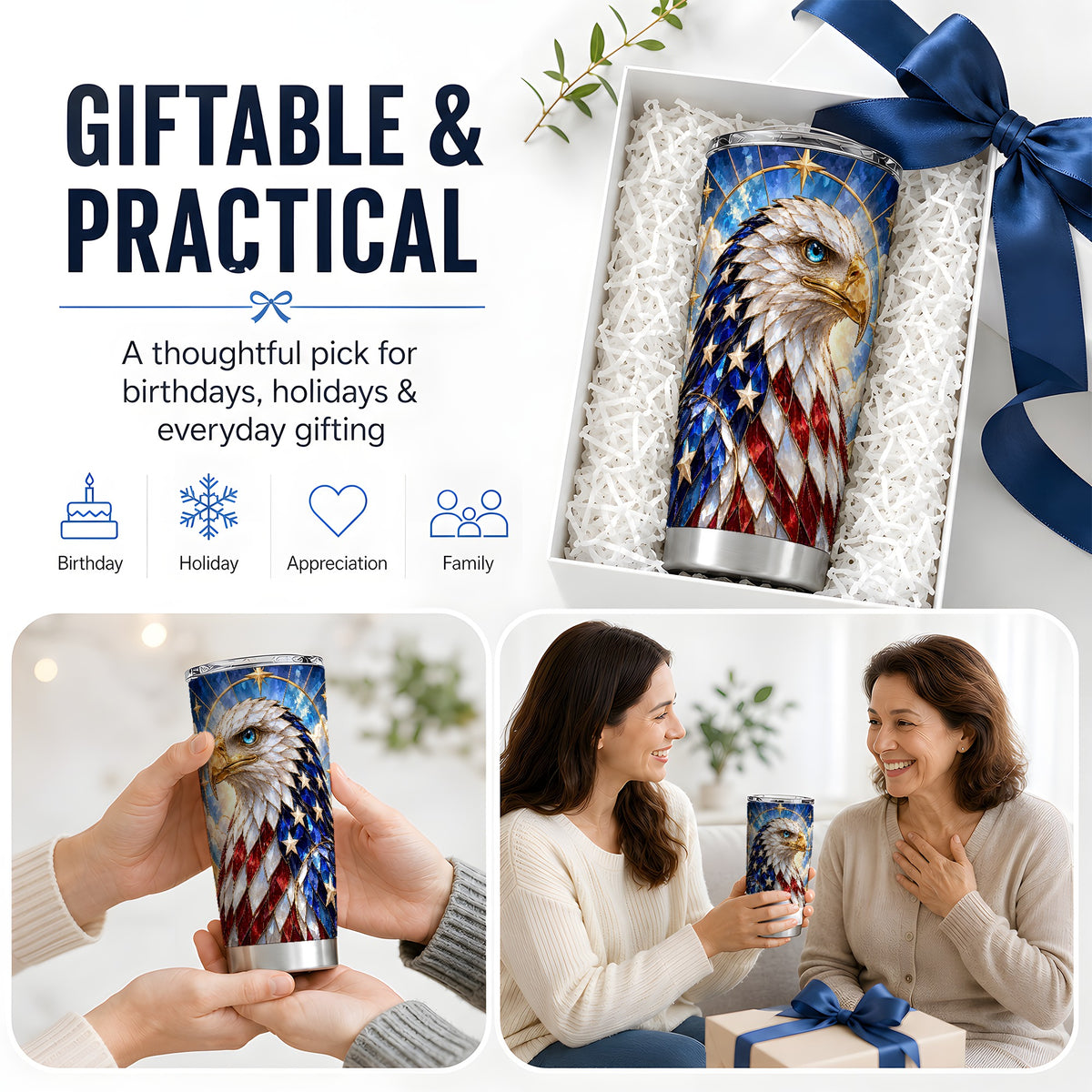 Patriotic Bald Eagle Tumbler, 20oz Stainless Steel Drinkware with Flag Art