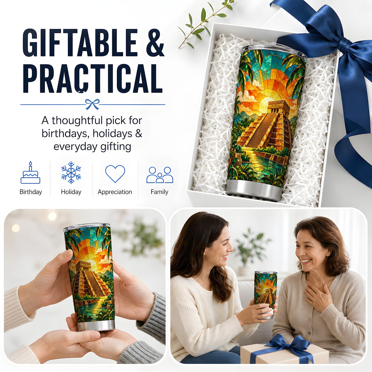 Tropical Pyramid Tumbler, 20oz Stainless Steel Drinkware with Sunset Art