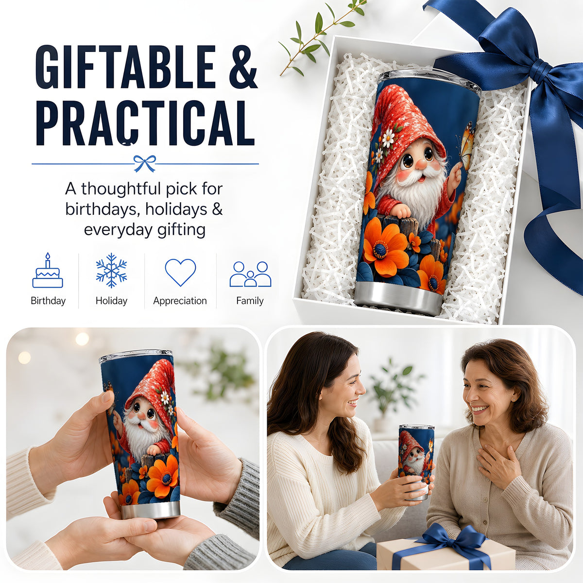 Garden Gnome 20oz Tumbler, Butterfly and Orange Floral Artwork