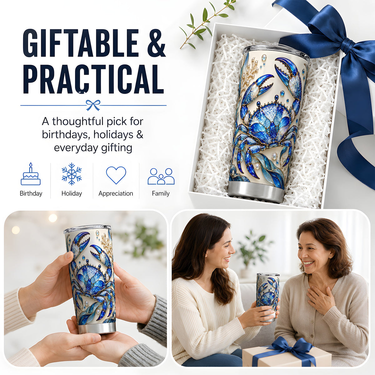 Blue Crab 20oz Tumbler, Faceted Seaweed Coral and Pearl Artwork