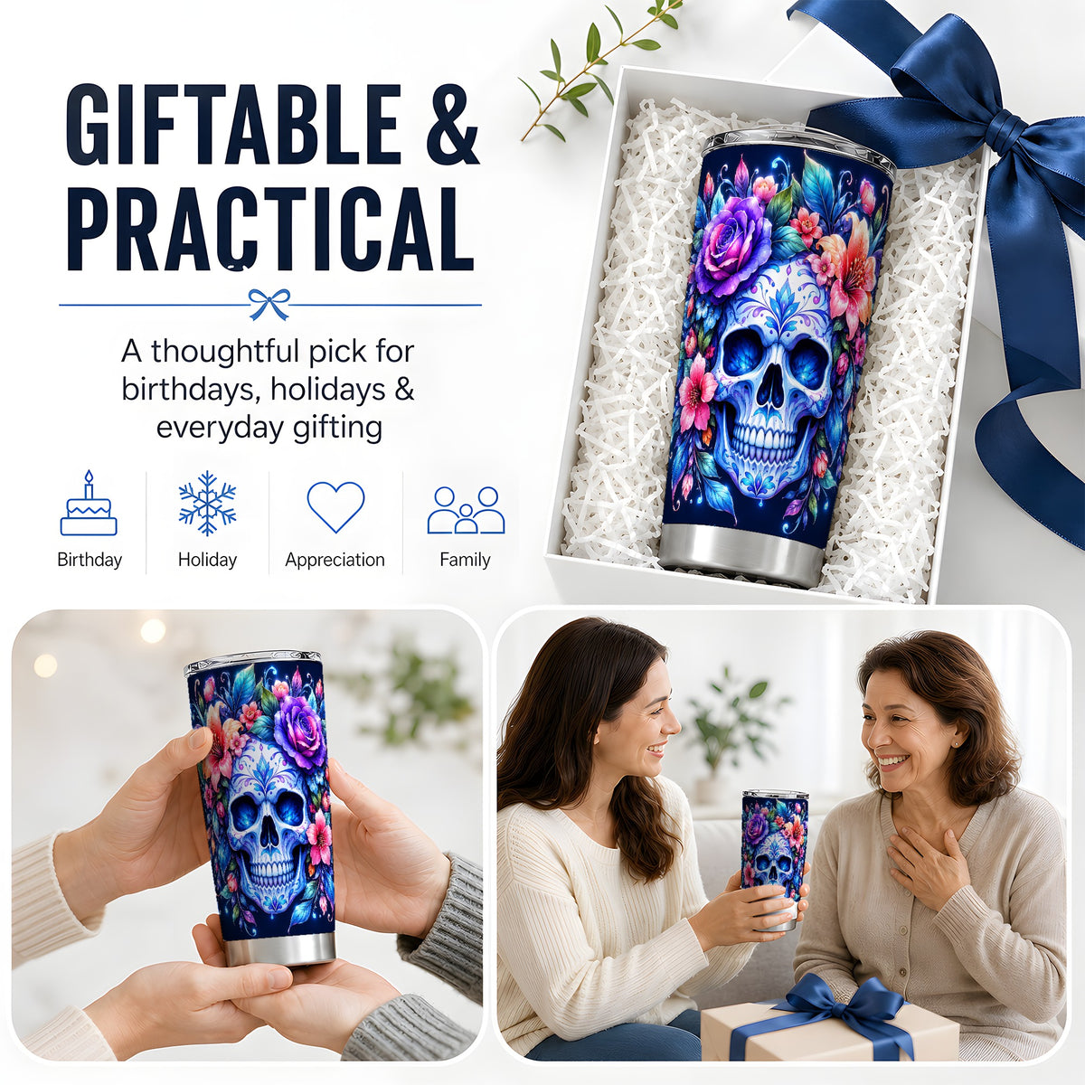 Blue Floral Skull 20oz Tumbler, Colorful Botanical Gothic Art
