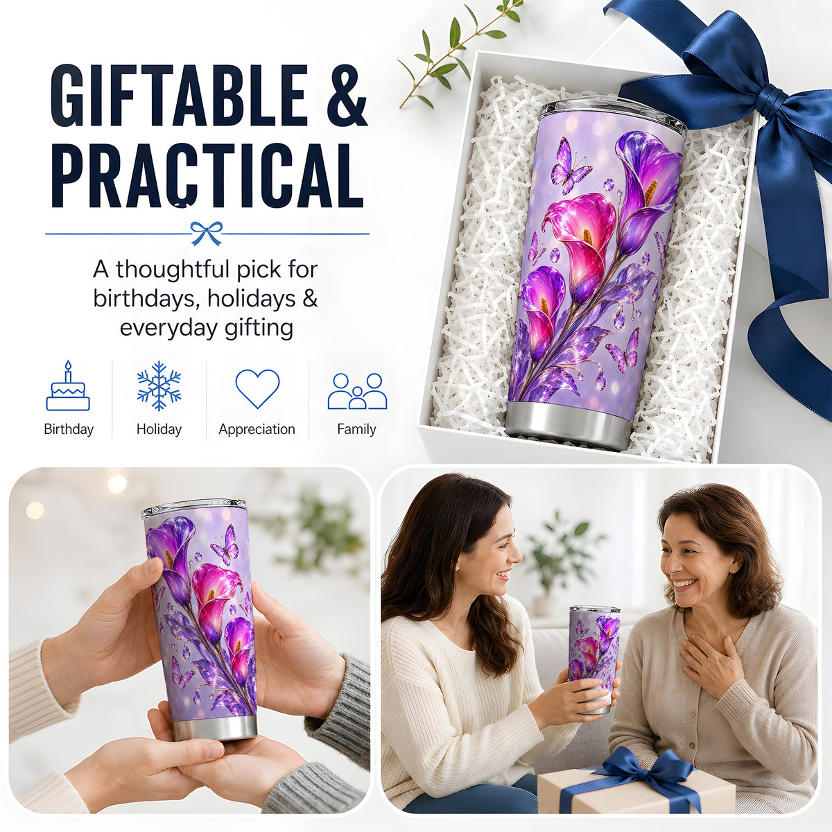Purple Calla Lily Tumbler, 20oz Tumbler with Butterfly Floral Artwork